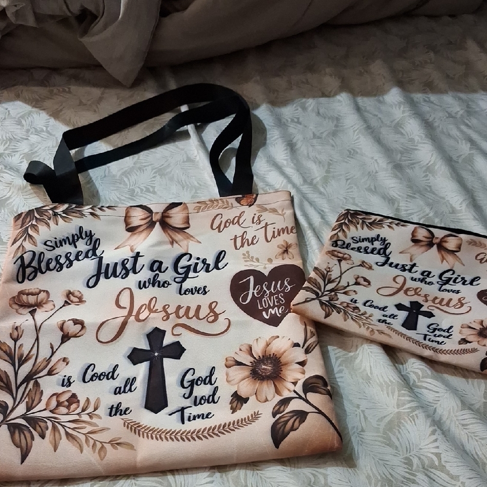 Floral Religious Tote Bag with Pouch